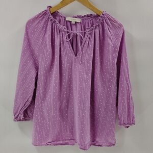 LOFT Peasant Blouse Size Large Purple Swiss Dot With Tie Three Quarter Sleeve